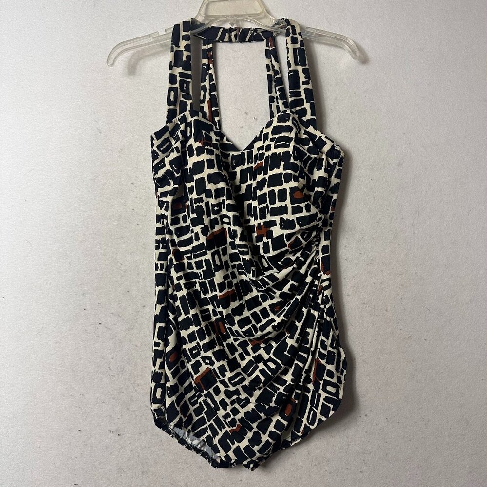 Lands' End V-Neck black brown Swim skirt One Piece halter Size 14 cruise wear